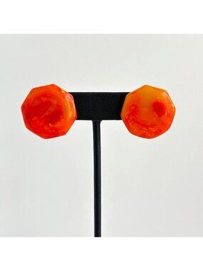 Vintage Bakelite Clip Earrings Marbled Orange Octagonal Faceted Statement Pair